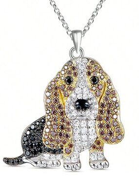 Basset Hound Dog Breed Sterling Silver CZ Sparkle Pendant Necklace NEW